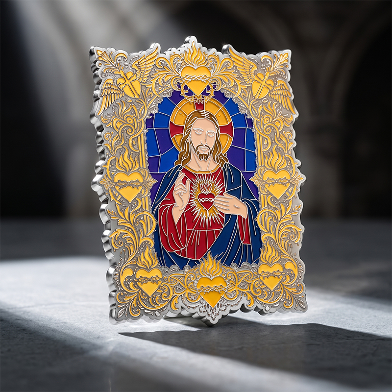Custom Christian lapel pin featuring Sacred Heart of Jesus in stained glass design