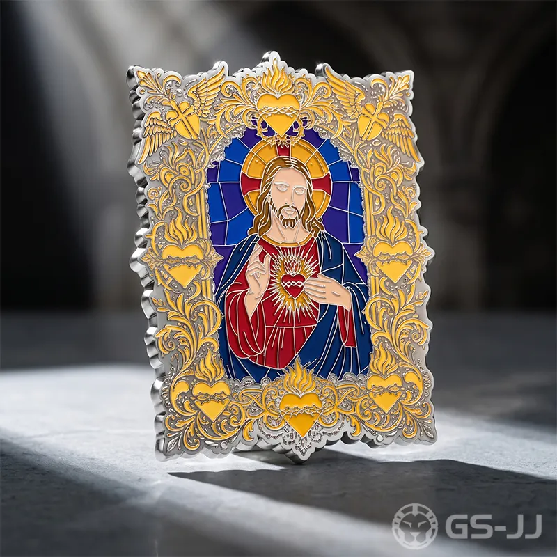 Custom Christian lapel pin featuring Sacred Heart of Jesus in stained glass design Custom Christian lapel pin featuring Sacred Heart of Jesus in stained glass design