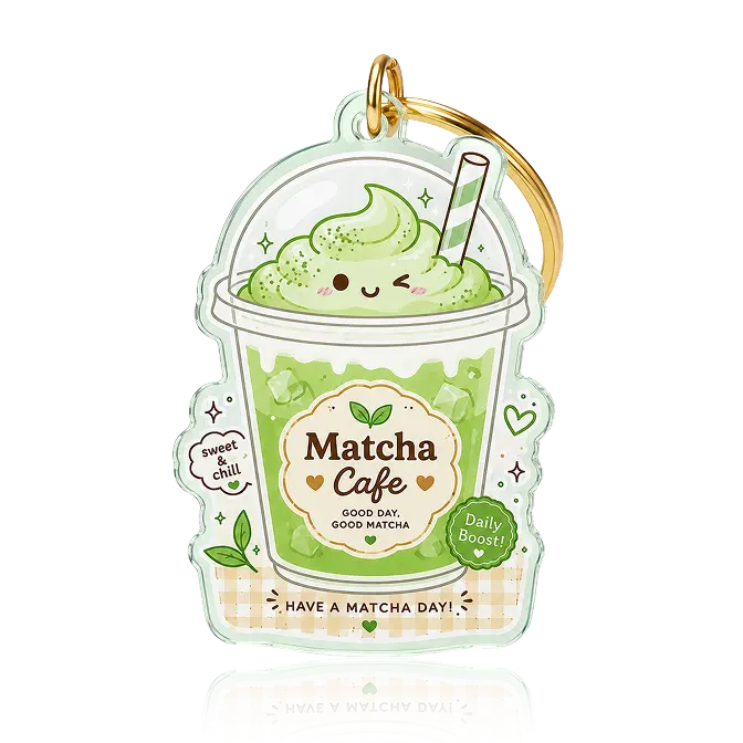 Cafe store gift keychain with green transparent acrylic