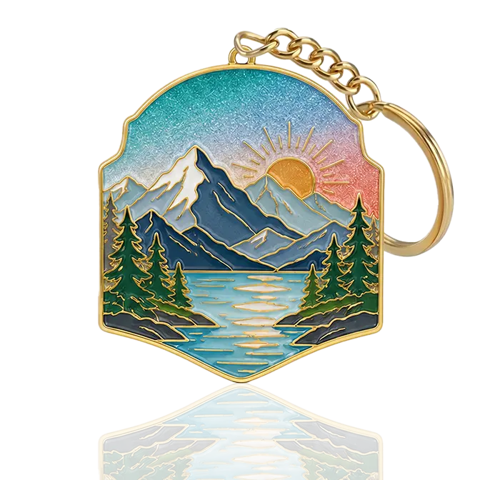 Landscape painting soft enamel keyring with gradient pearlized